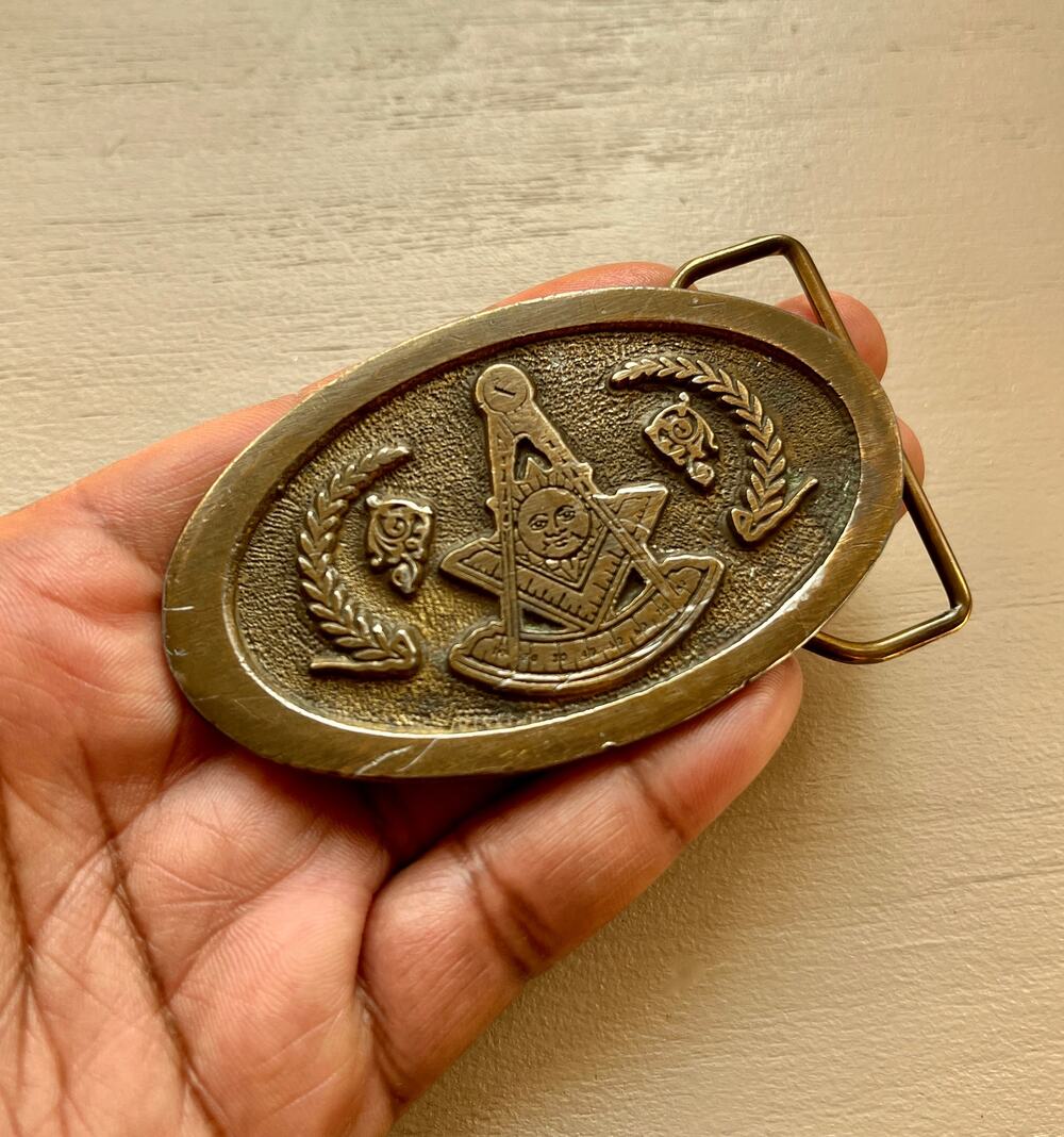 Vintage Brass Belt Buckle Masonic Past Master 47th Problem Of Euclid Freemason